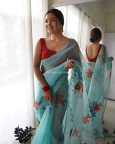 Gazing Soft Blue Rose Printed Pure Organza Saree